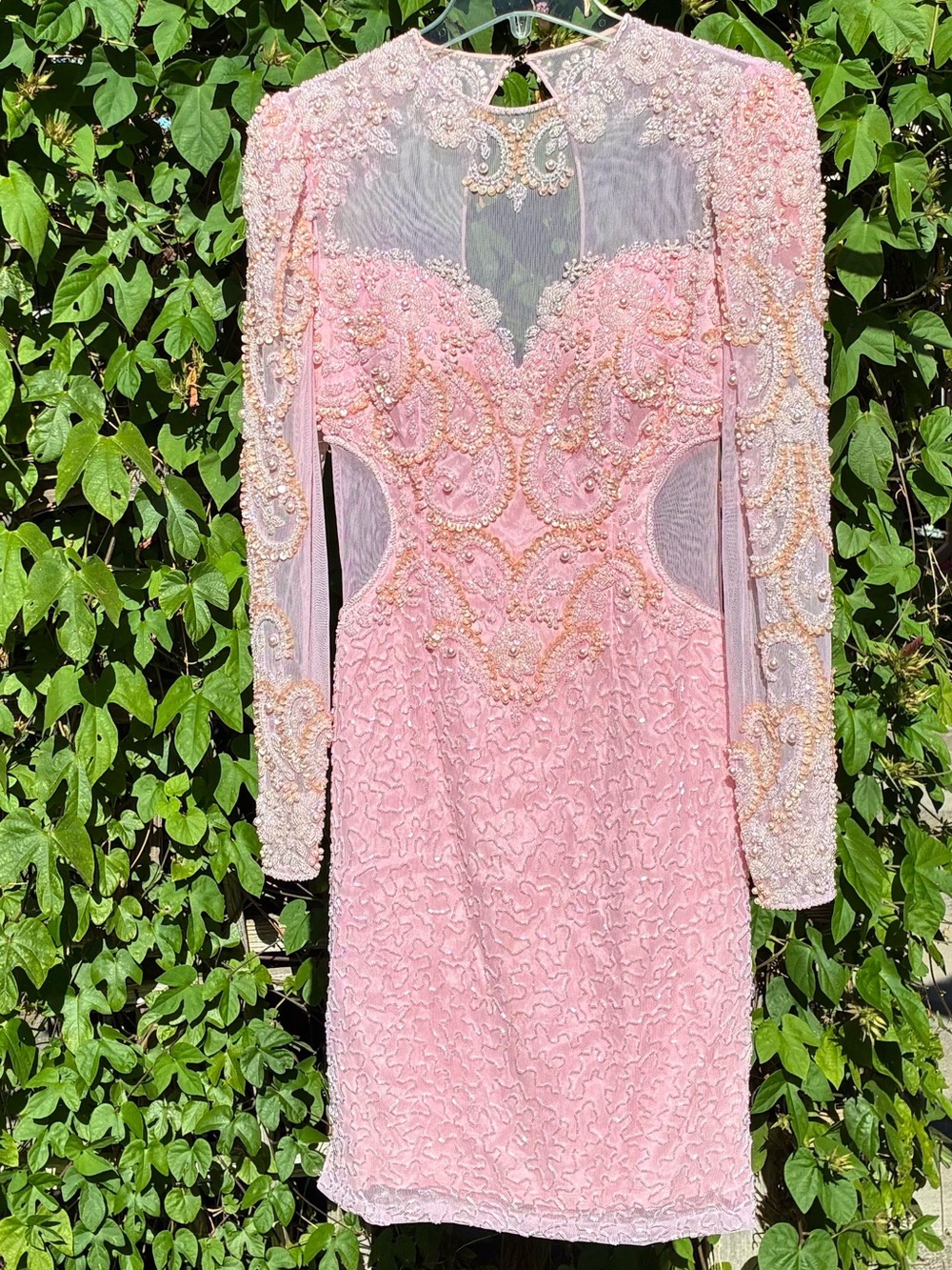 Lillie Rubin Vintage Pink Long Sleeve Formal Cocktail Dress Sequins Pearls